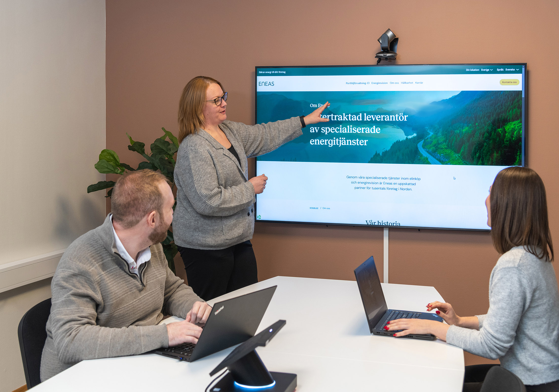 Three people in a meeting room; one is standing and pointing at a screen displaying the eneas.se website, while two others are seated with laptops.